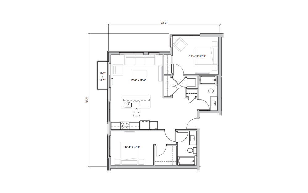 2.03 - 2 bedroom floorplan layout with 2 bathrooms and 1036 square feet (2D)