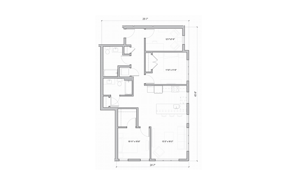 2.04 + D - 2 bedroom floorplan layout with 2 baths and 1199 to 1243 square feet. (2D)