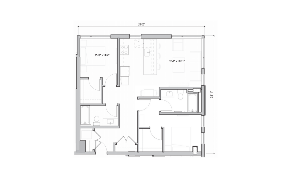 2.06 - 2 bedroom floorplan layout with 2 baths and 1020 to 1025 square feet. (2D)