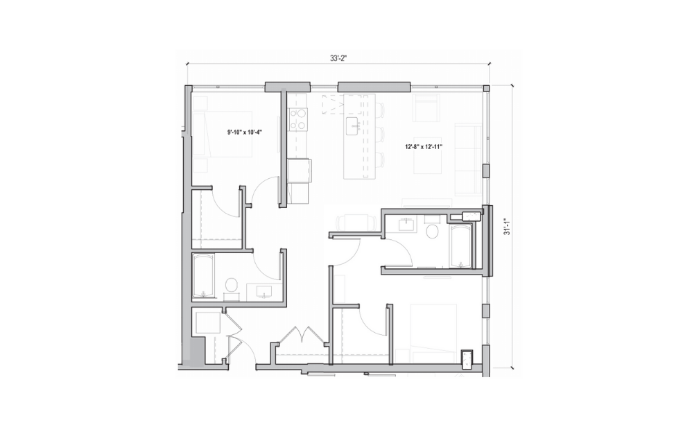 2.06 - 2 bedroom floorplan layout with 2 bathrooms and 1020 - 1025 square feet (2D)