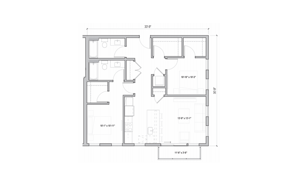 2.08 - 2 bedroom floorplan layout with 2 baths and 1041 square feet. (2D)