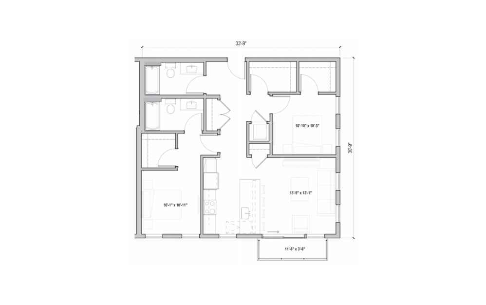 2.08 - 2 bedroom floorplan layout with 2 bathrooms and 1041 square feet (2D)