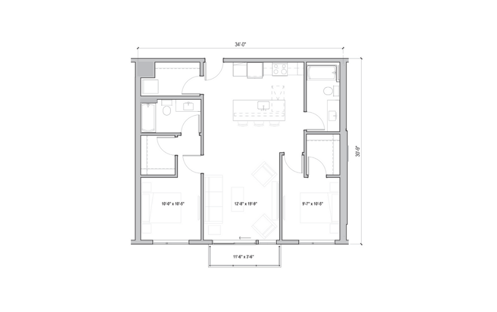 2.09 - 2 bedroom floorplan layout with 2 baths and 1037 square feet. (2D)