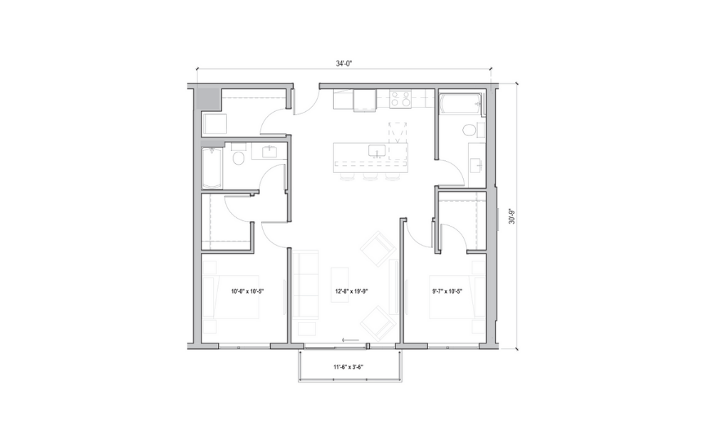 2.09 - 2 bedroom floorplan layout with 2 bathrooms and 1037 square feet (2D)