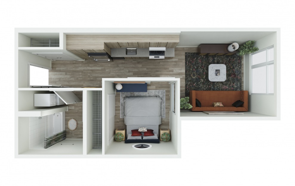 0.01 - 1 bedroom floorplan layout with 1 bath and 526 to 596 square feet. (3D)