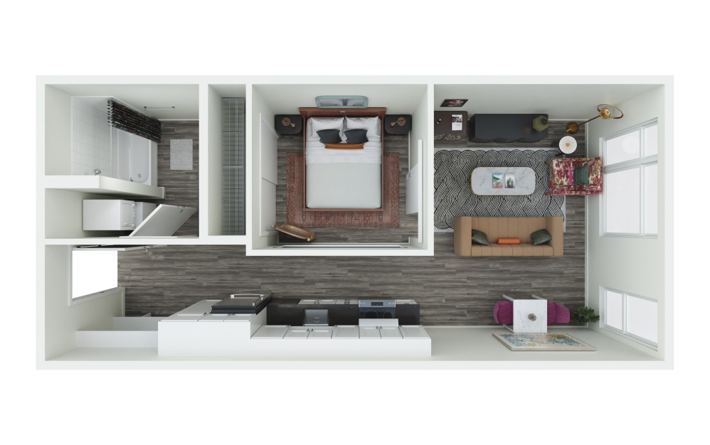 0.02 - 1 bedroom floorplan layout with 1 bathroom and 560 - 620 square feet (3D)