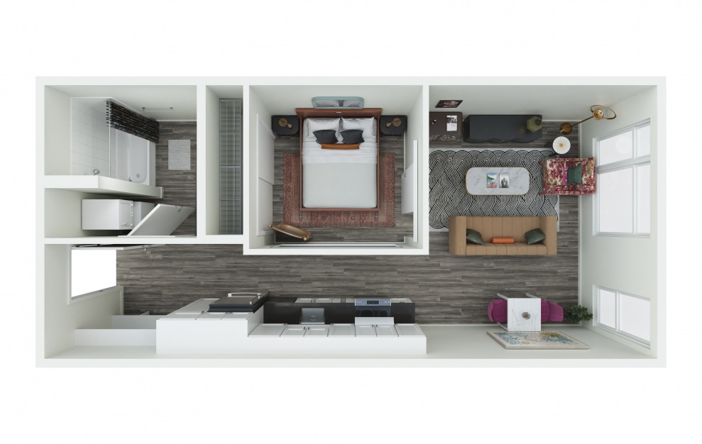 0.02 - 1 bedroom floorplan layout with 1 bath and 560 to 620 square feet. (3D)