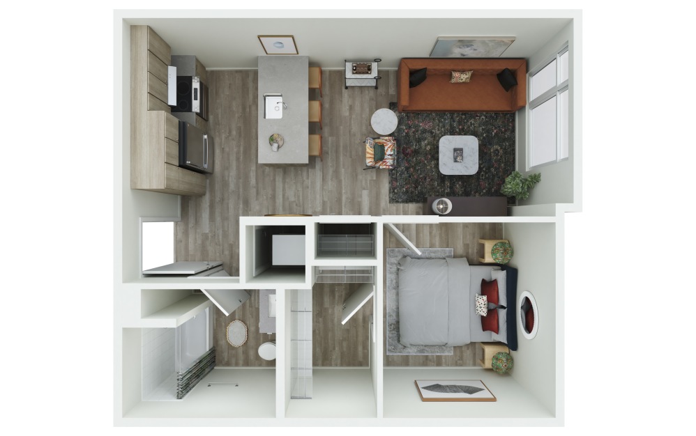 0.03 - 1 bedroom floorplan layout with 1 bathroom and 579 - 596 square feet (3D)