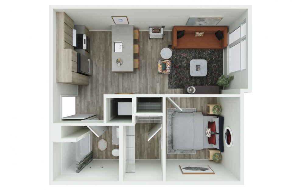 0.03 - 1 bedroom floorplan layout with 1 bath and 579 to 596 square feet. (3D)