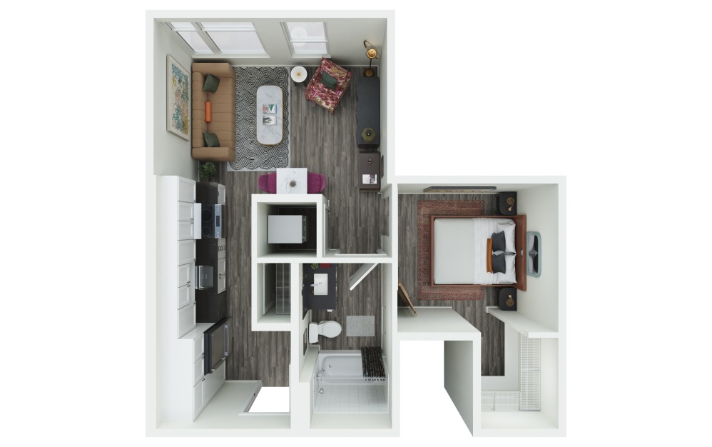 0.04 - 1 bedroom floorplan layout with 1 bathroom and 564 - 569 square feet (3D)