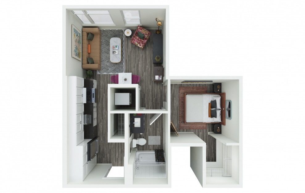 0.04 - 1 bedroom floorplan layout with 1 bath and 564 to 569 square feet. (3D)