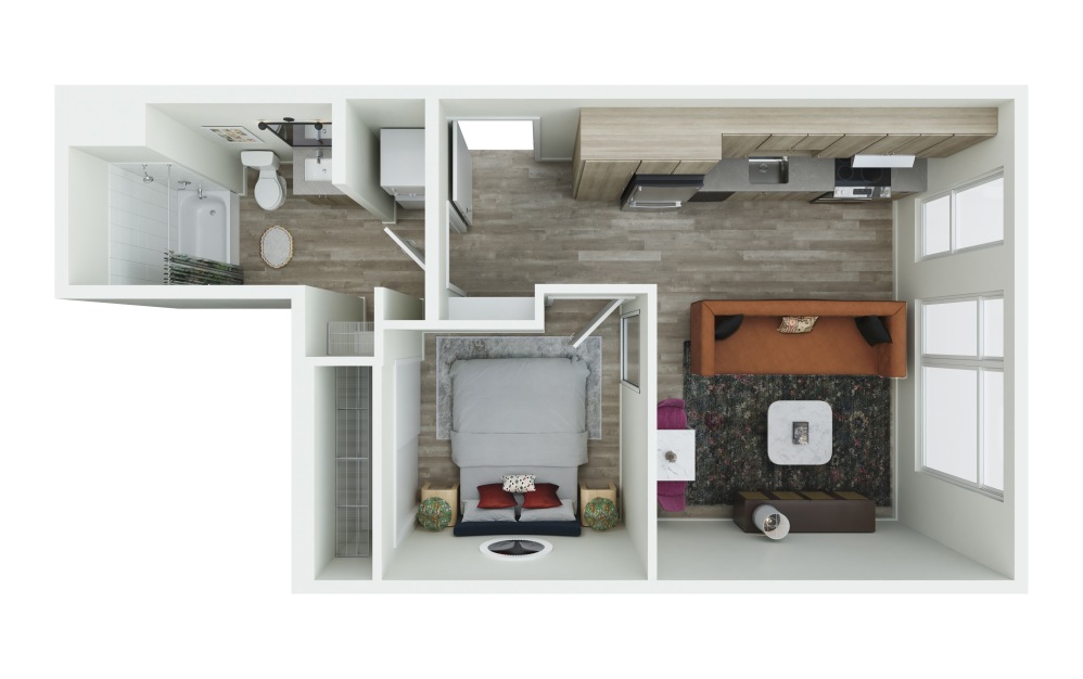 0.05 - 1 bedroom floorplan layout with 1 bathroom and 536 - 540 square feet (3D)