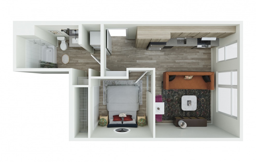 0.05 - 1 bedroom floorplan layout with 1 bath and 536 to 540 square feet. (3D)
