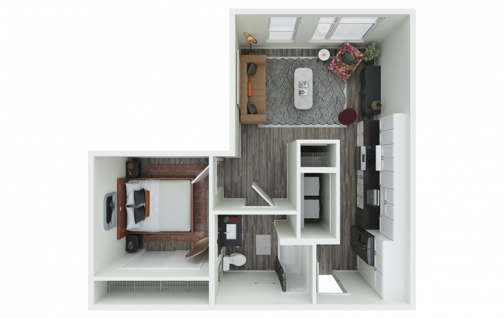0.07-A - 1 bedroom floorplan layout with 1 bath and 582 to 592 square feet. (3D)