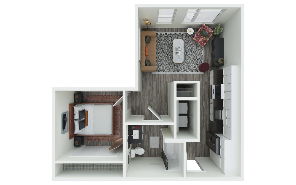 0.07-A - 1 bedroom floorplan layout with 1 bathroom and 582 - 592 square feet (3D)