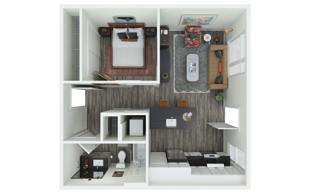 0.08 - 1 bedroom floorplan layout with 1 bathroom and 588 square feet (3D)