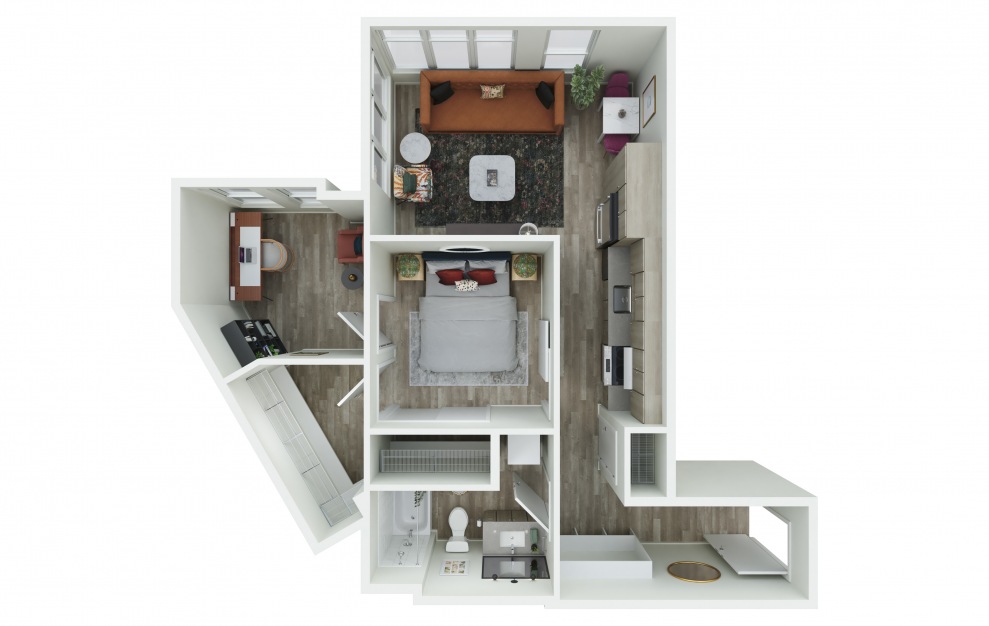 0.09 + D - 1 bedroom floorplan layout with 1 bath and 756 square feet. (3D)