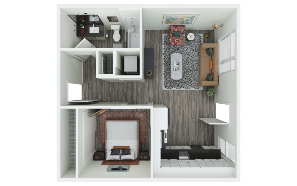 0.10 - 1 bedroom floorplan layout with 1 bathroom and 588 square feet (3D)