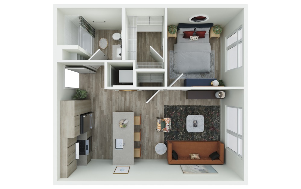 1.01 - 1 bedroom floorplan layout with 1 bathroom and 618 - 690 square feet (3D)