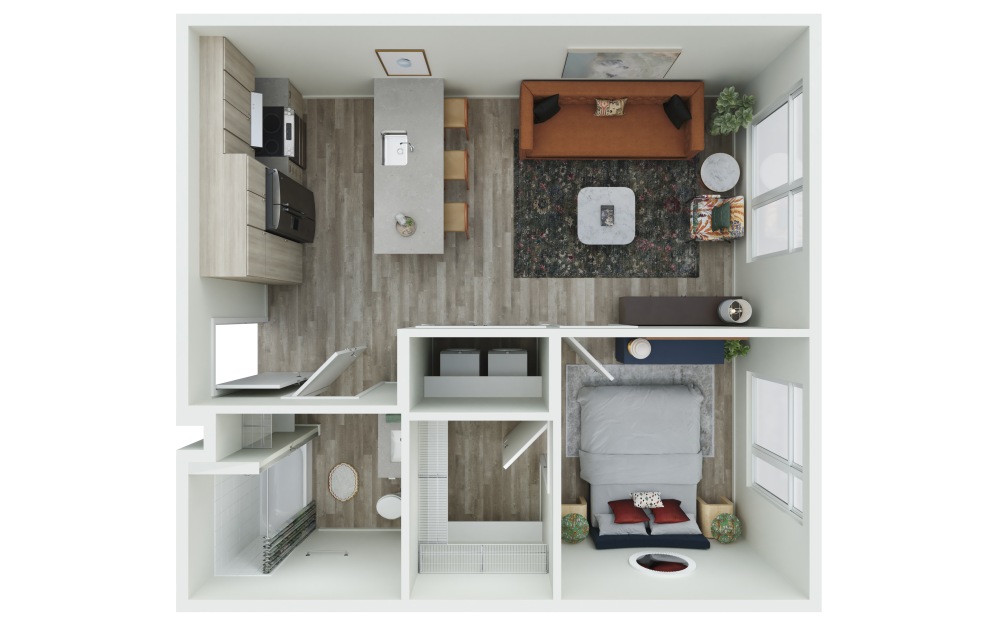 1.01-A - 1 bedroom floorplan layout with 1 bathroom and 624 square feet (3D)