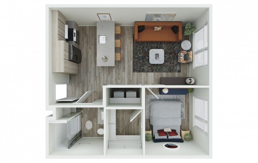 1.01-A - 1 bedroom floorplan layout with 1 bath and 624 square feet. (3D)