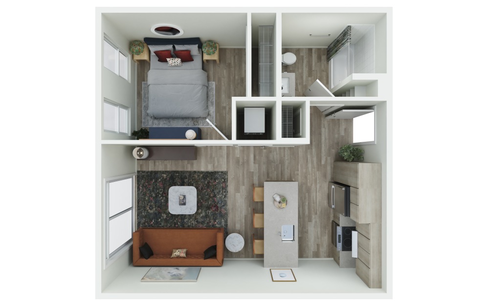 1.02 - 1 bedroom floorplan layout with 1 bathroom and 588 square feet (3D)