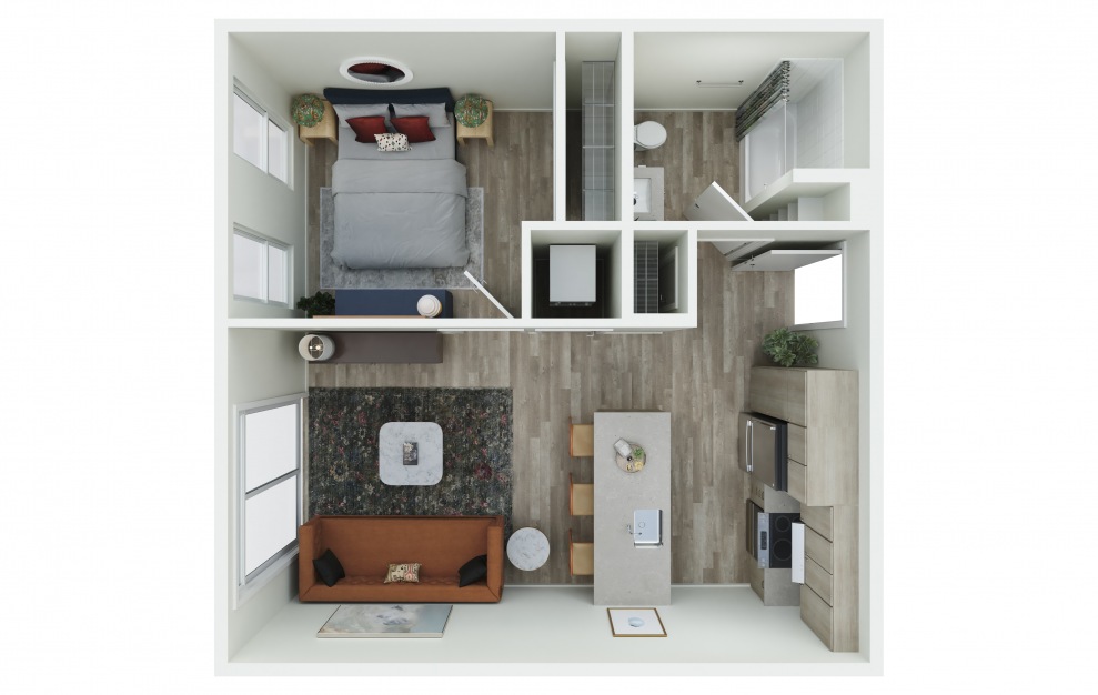 1.02 - 1 bedroom floorplan layout with 1 bath and 588 square feet. (3D)