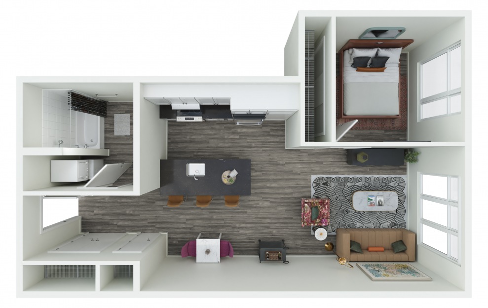 1.03 - 1 bedroom floorplan layout with 1 bath and 661 to 775 square feet. (3D)