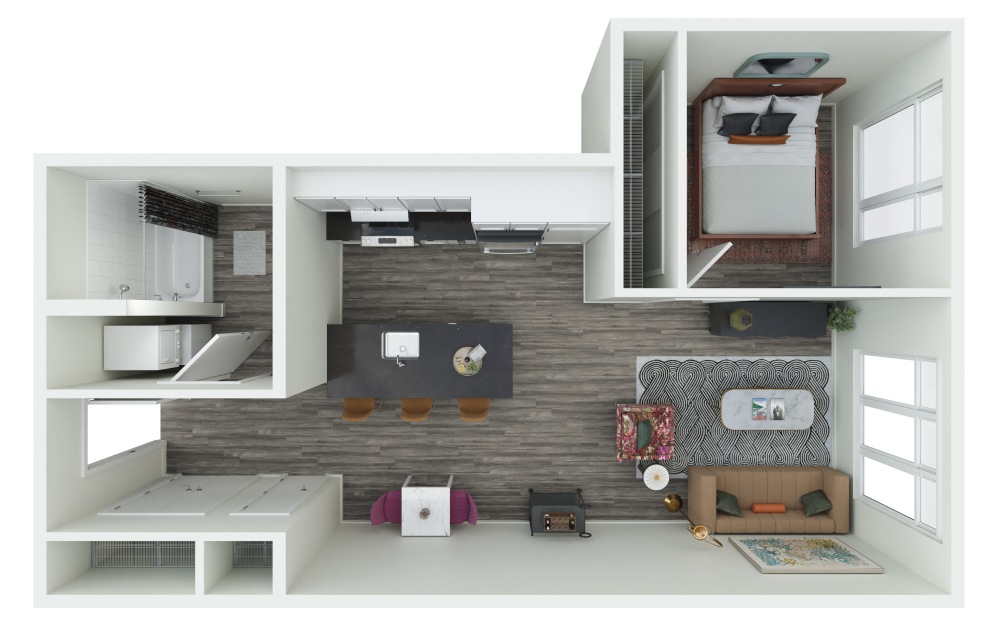 1.03 - 1 bedroom floorplan layout with 1 bathroom and 661 - 775 square feet (3D)