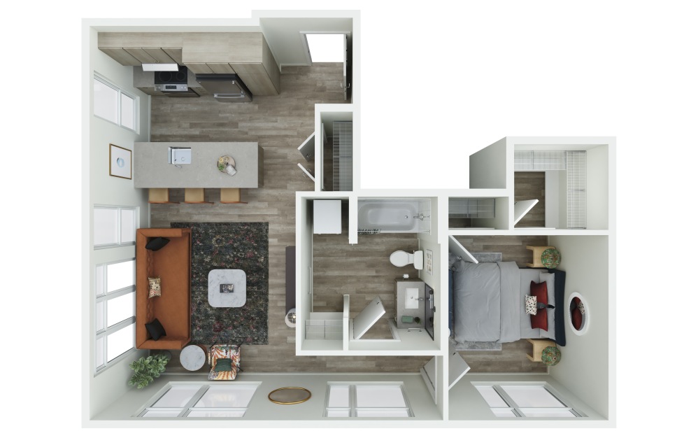 1.06 - 1 bedroom floorplan layout with 1 bathroom and 700 - 706 square feet (3D)