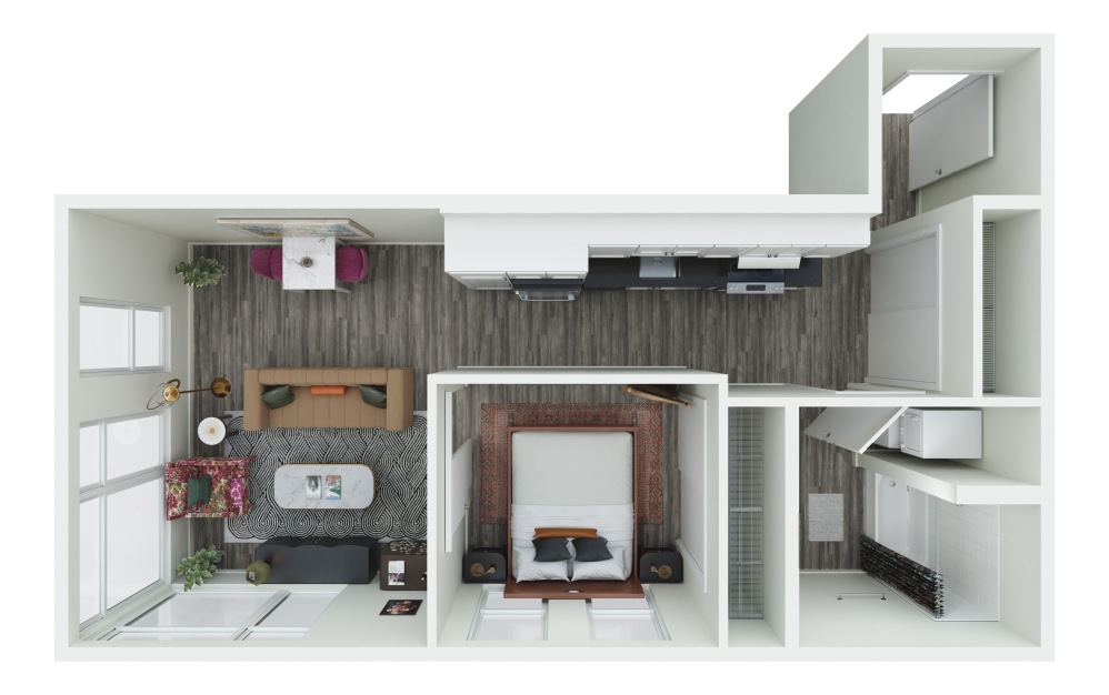 1.07 - 1 bedroom floorplan layout with 1 bathroom and 616 square feet (3D)