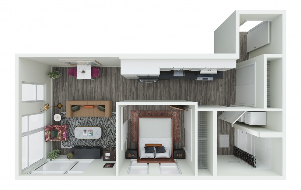 1.07 - 1 bedroom floorplan layout with 1 bath and 616 square feet. (3D)