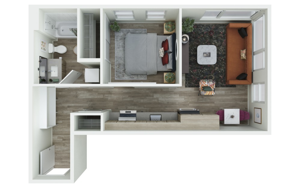 1.09 - 1 bedroom floorplan layout with 1 bathroom and 586 square feet (3D)