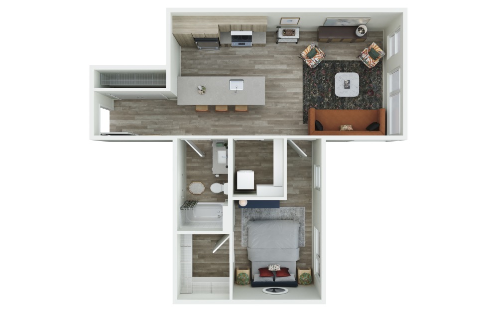 1.10 - 1 bedroom floorplan layout with 1 bathroom and 728 square feet (3D)