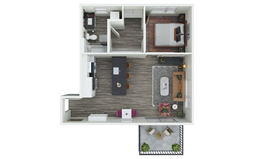 1.12 - 1 bedroom floorplan layout with 1 bathroom and 675 square feet (3D)