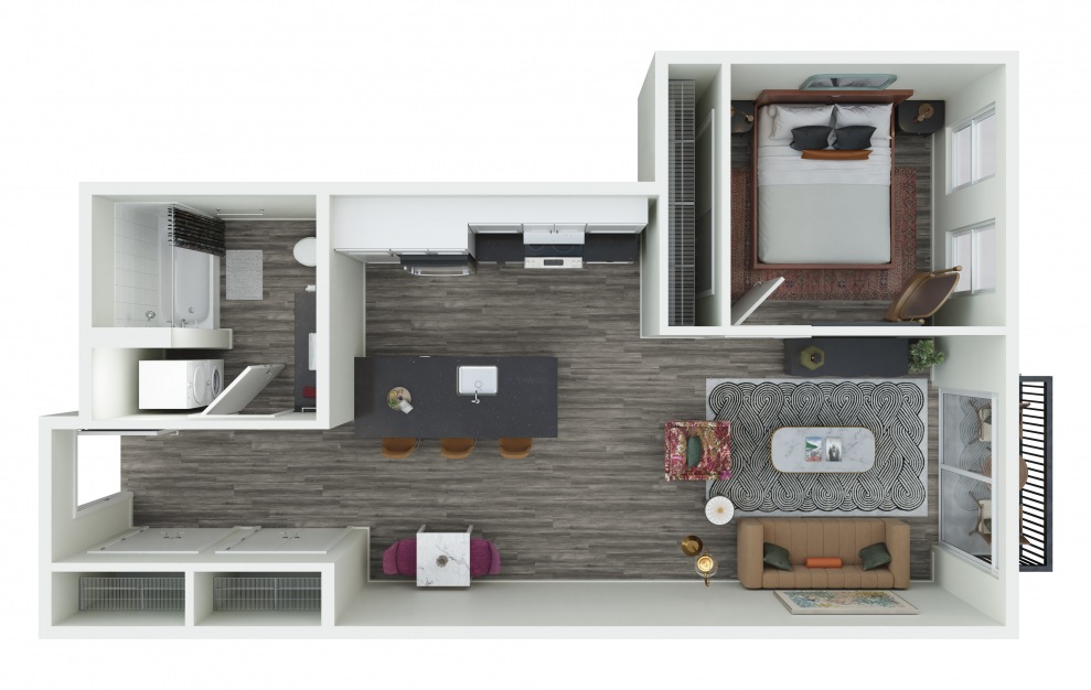 1.13 - 1 bedroom floorplan layout with 1 bath and 677 to 682 square feet. (3D)
