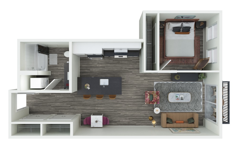 1.13 - 1 bedroom floorplan layout with 1 bathroom and 677 - 682 square feet (3D)