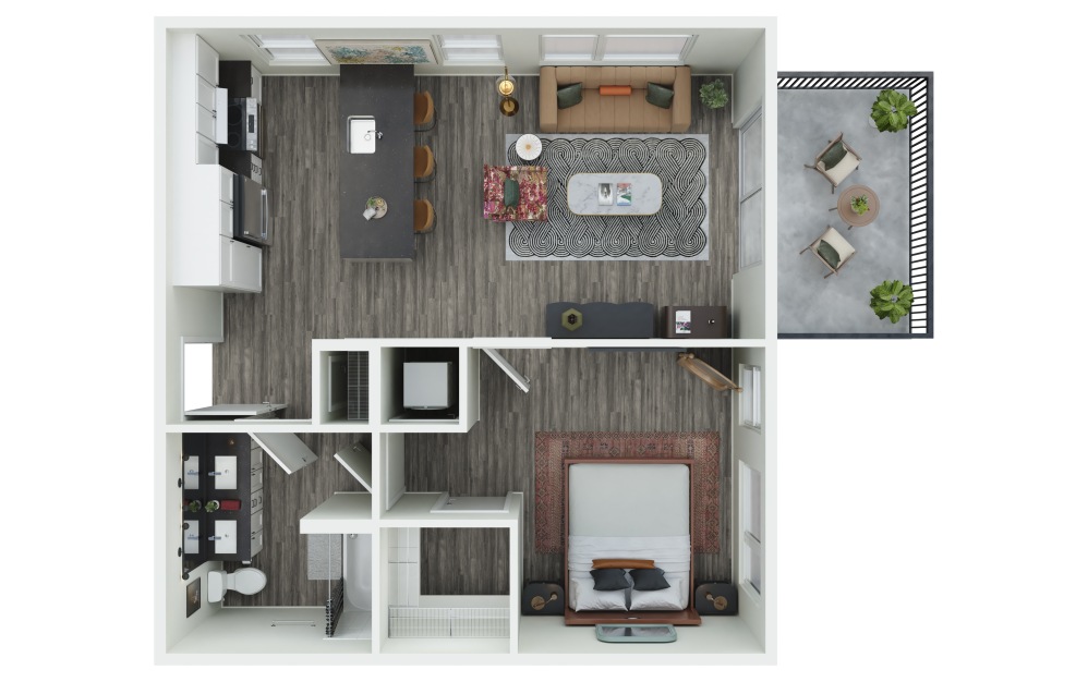 1.14 - 1 bedroom floorplan layout with 1 bathroom and 701 square feet (3D)