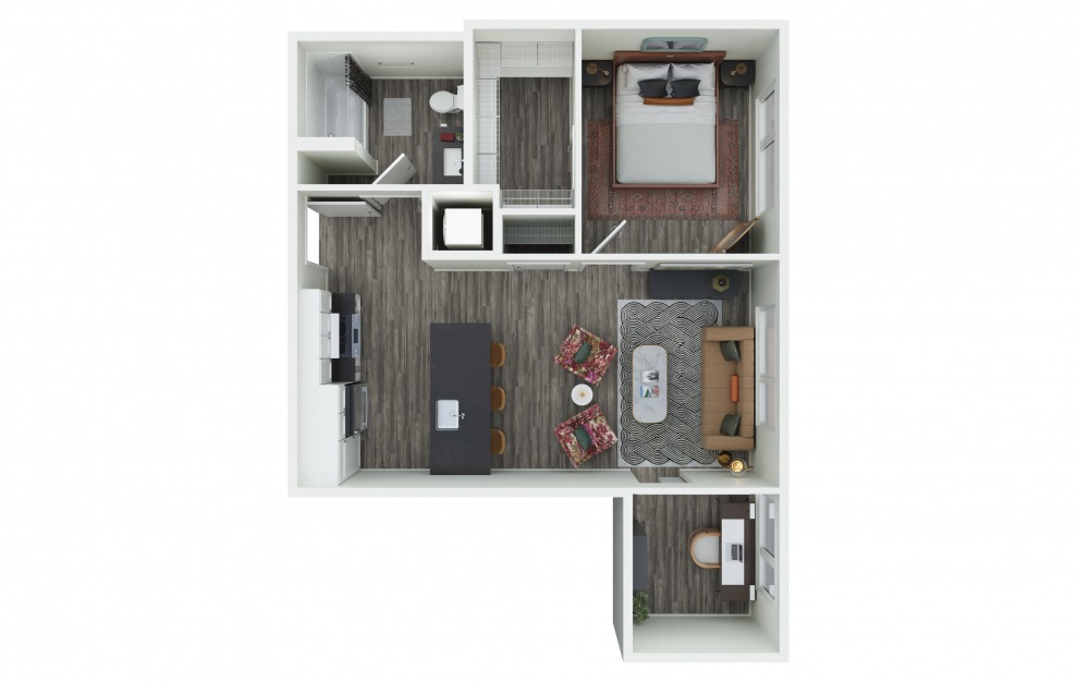 1.01 + D - 1 bedroom floorplan layout with 1 bath and 690 to 700 square feet. (3D)