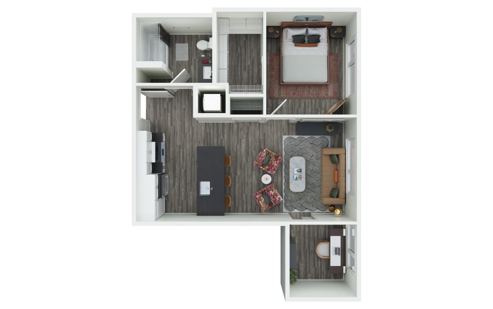 1.01 + D - 1 bedroom floorplan layout with 1 bathroom and 690 - 700 square feet (3D)