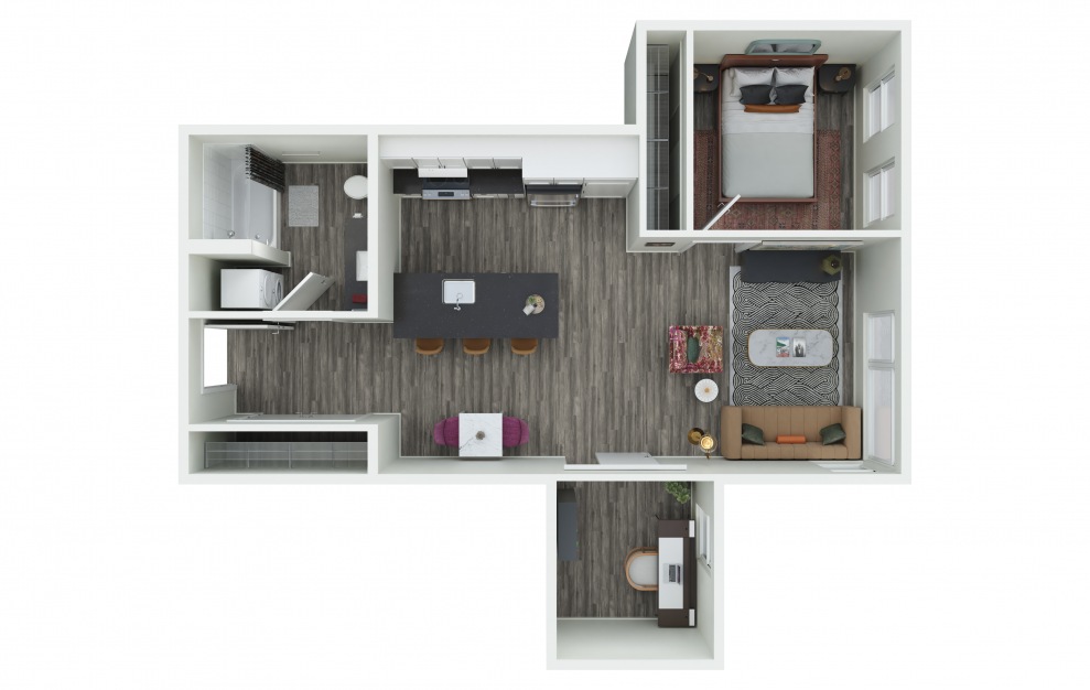 1.03 + D - 1 bedroom floorplan layout with 1 bath and 731 to 739 square feet. (3D)