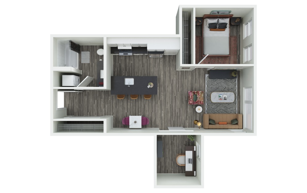 1.03 + D - 1 bedroom floorplan layout with 1 bathroom and 731 - 739 square feet (3D)