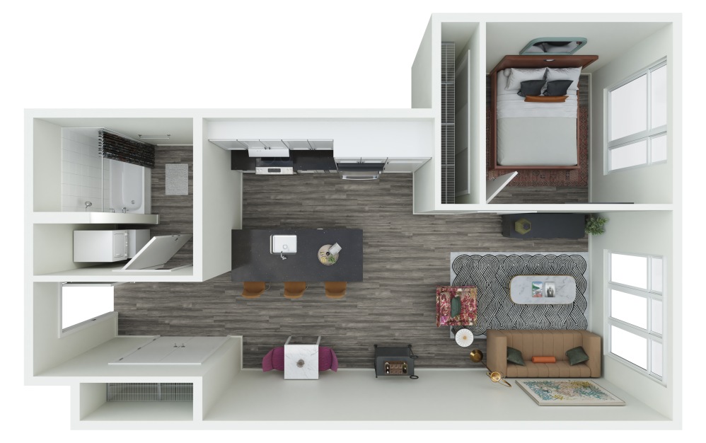 1.03 CV - 1 bedroom floorplan layout with 1 bathroom and 661 - 720 square feet (3D)