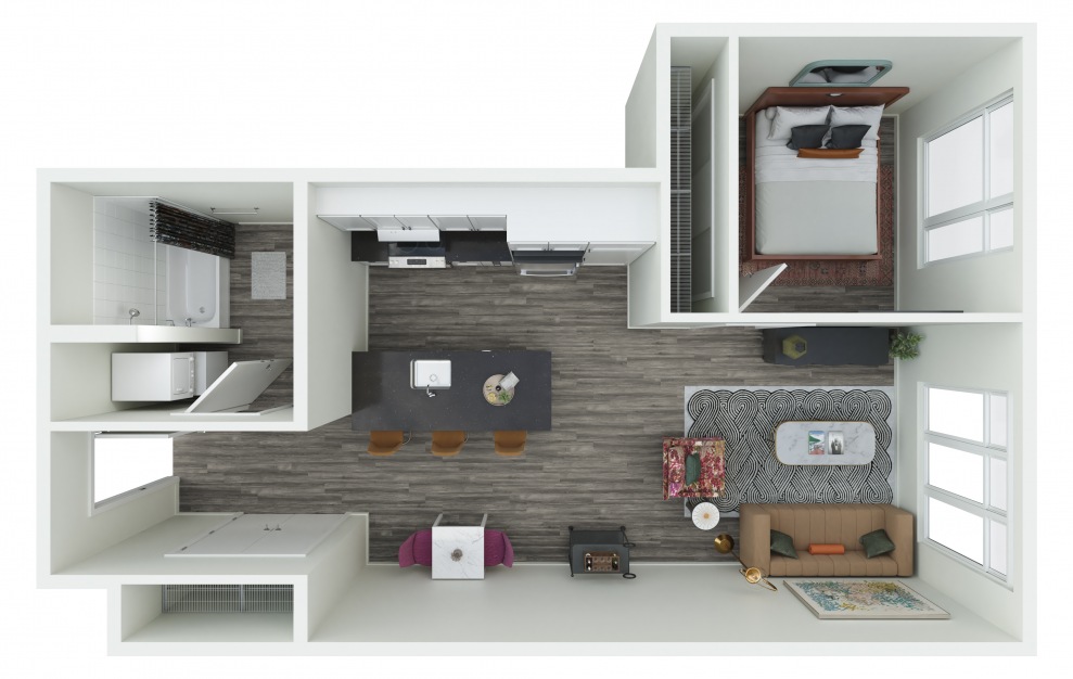1.03 CV - 1 bedroom floorplan layout with 1 bath and 661 to 720 square feet. (3D)