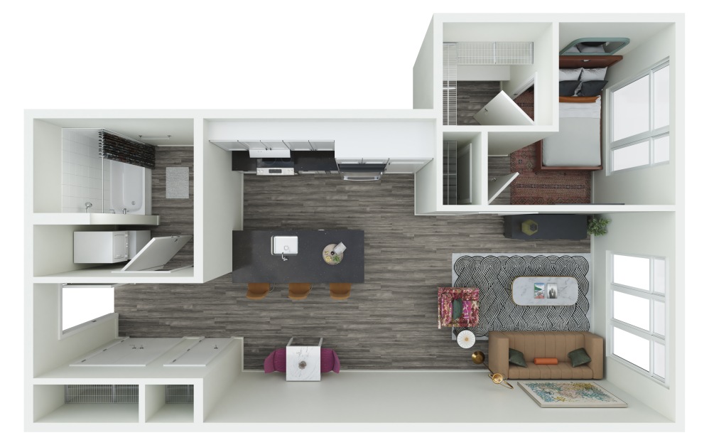 1.03+15 - 1 bedroom floorplan layout with 1 bathroom and 760 - 775 square feet (3D)