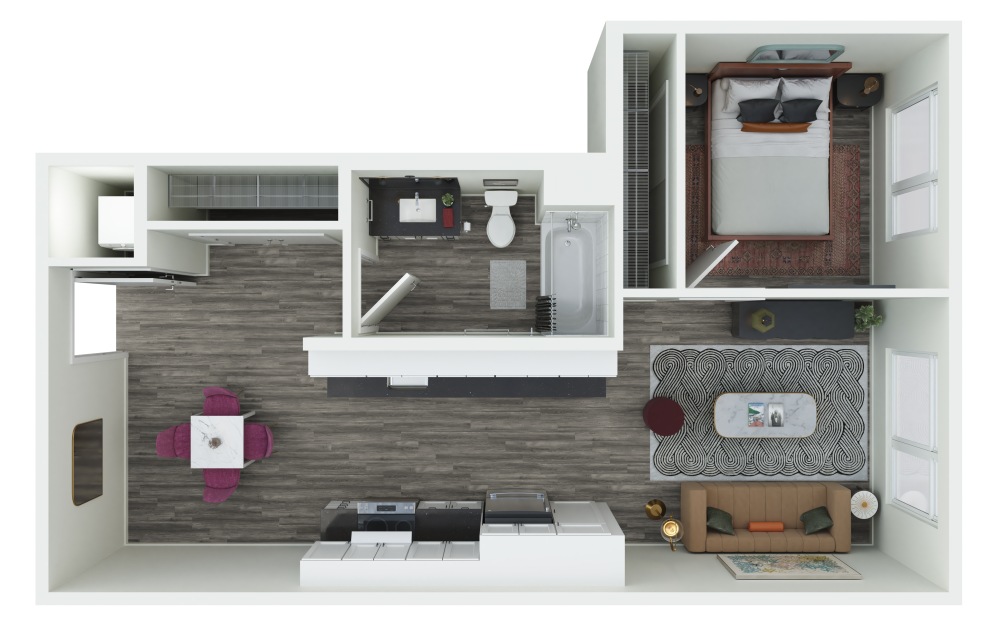 1.04  + D - 1 bedroom floorplan layout with 1 bathroom and 661 - 728 square feet (3D)