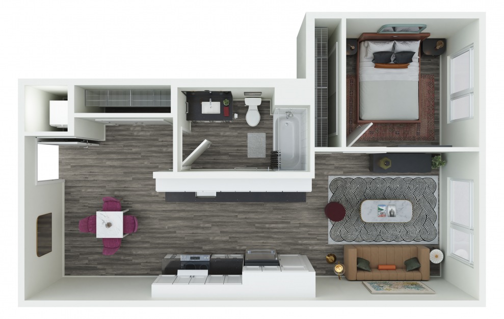 1.04  + D - 1 bedroom floorplan layout with 1 bath and 661 to 728 square feet. (3D)