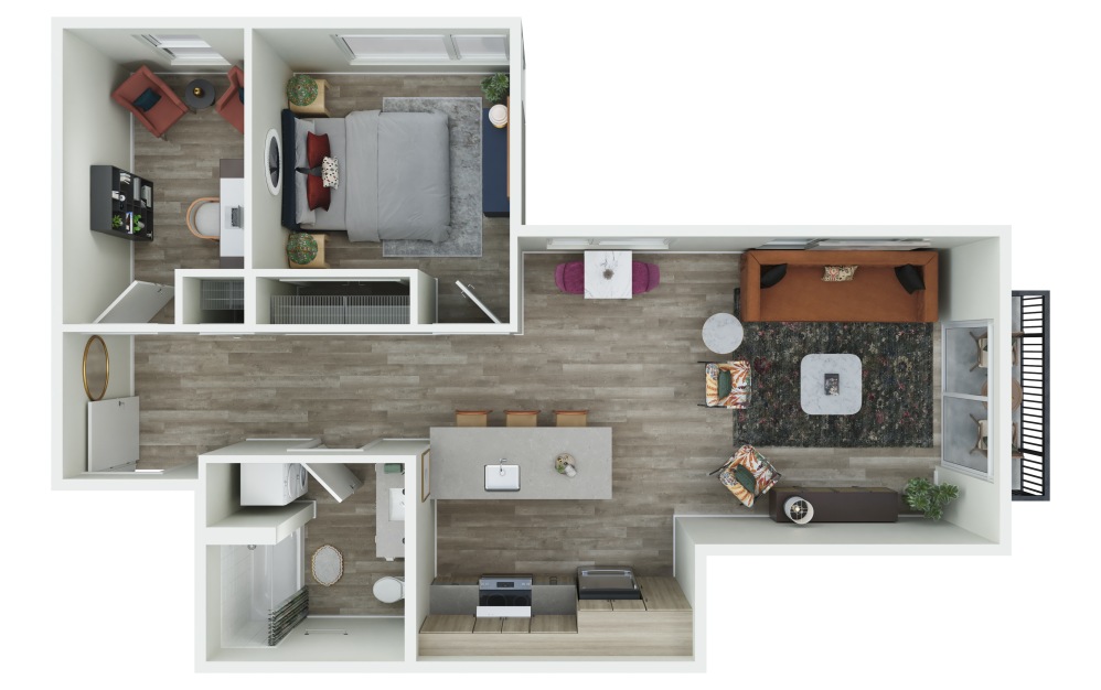 1.11 + D - 1 bedroom floorplan layout with 1 bathroom and 853 square feet (3D)