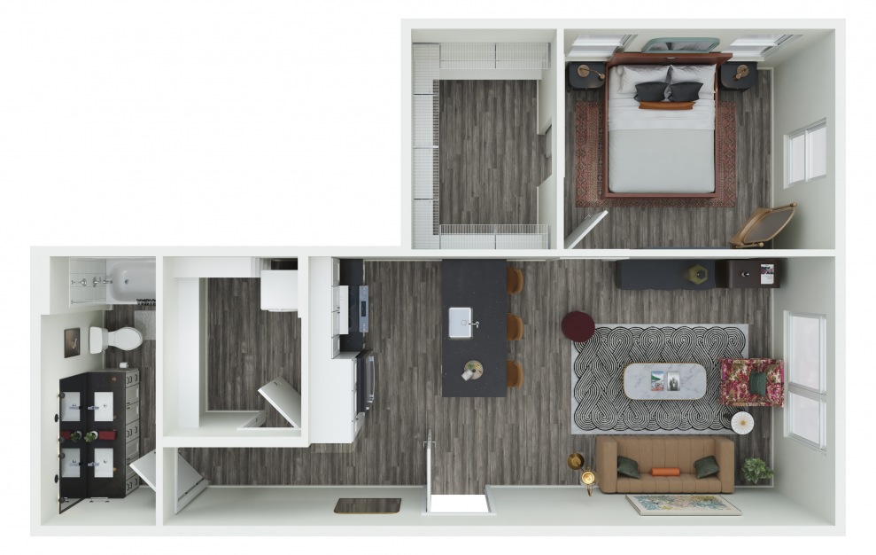 1.15 - 1 bedroom floorplan layout with 1 bath and 743 square feet. (3D)