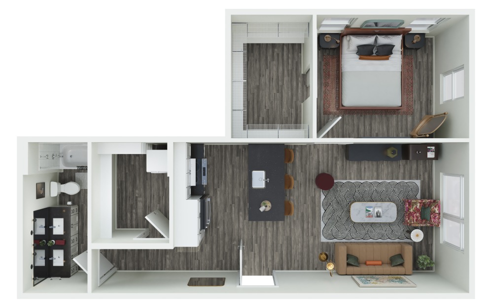 1.15 - 1 bedroom floorplan layout with 1 bathroom and 743 square feet (3D)